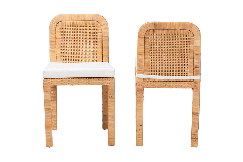 Bryn Modern Bohemian Natural Brown Rattan and Mahogany Wood 2-Piece Dining Chair Set