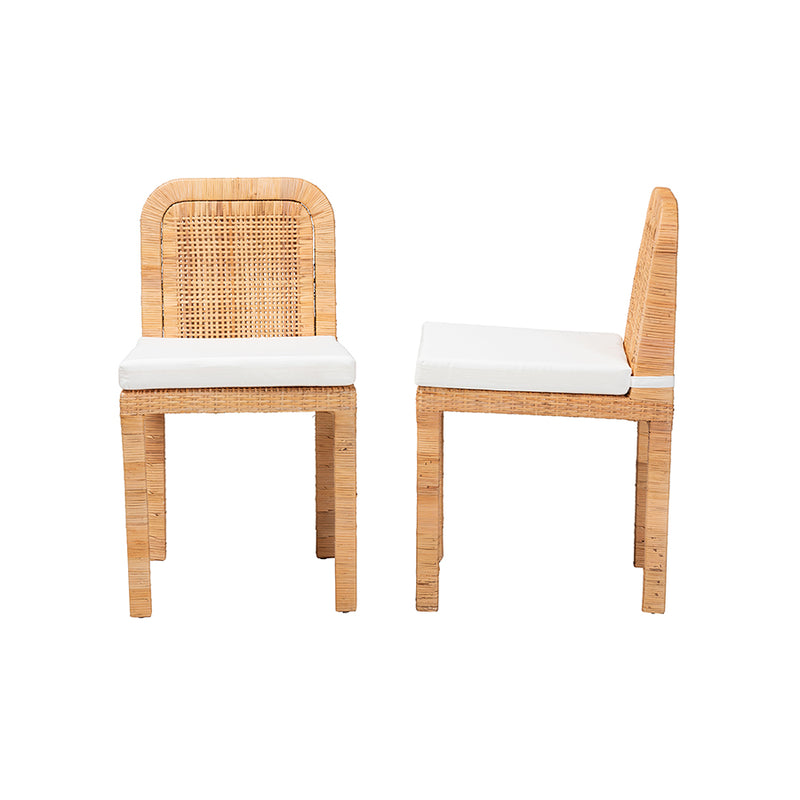 Bryn Modern Bohemian Natural Brown Rattan and Mahogany Wood 2-Piece Dining Chair Set