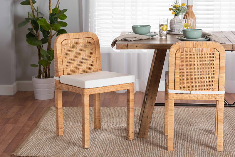 Bryn Modern Bohemian Natural Brown Rattan and Mahogany Wood 2-Piece Dining Chair Set