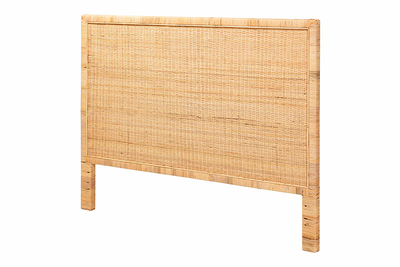 Calisto Modern Bohemian Natural Brown Rattan and Mahogany Wood Queen Size Headboard