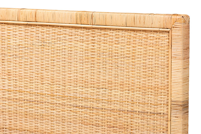 Calisto Natural Brown Rattan and Mahogany Wood Queen Size Headboard Baxton