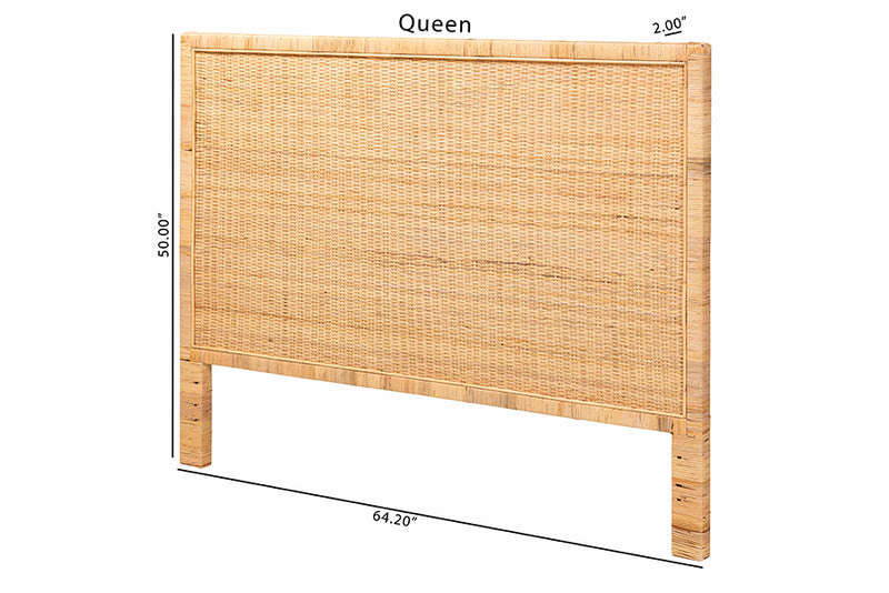 Calisto Modern Bohemian Natural Brown Rattan and Mahogany Wood Queen Size Headboard