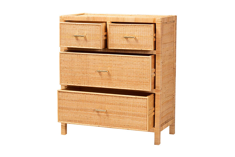 Chevron Natural Brown Rattan and Mahogany Wood Storage Cabinet Baxton