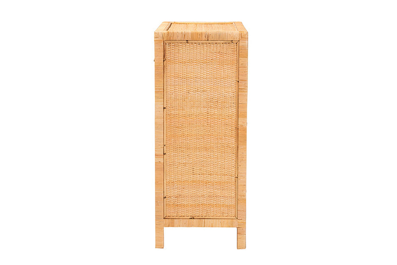 Chevron Natural Brown Rattan and Mahogany Wood Storage Cabinet Baxton