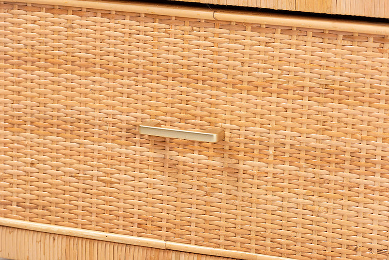 Chevron Natural Brown Rattan and Mahogany Wood Storage Cabinet Baxton