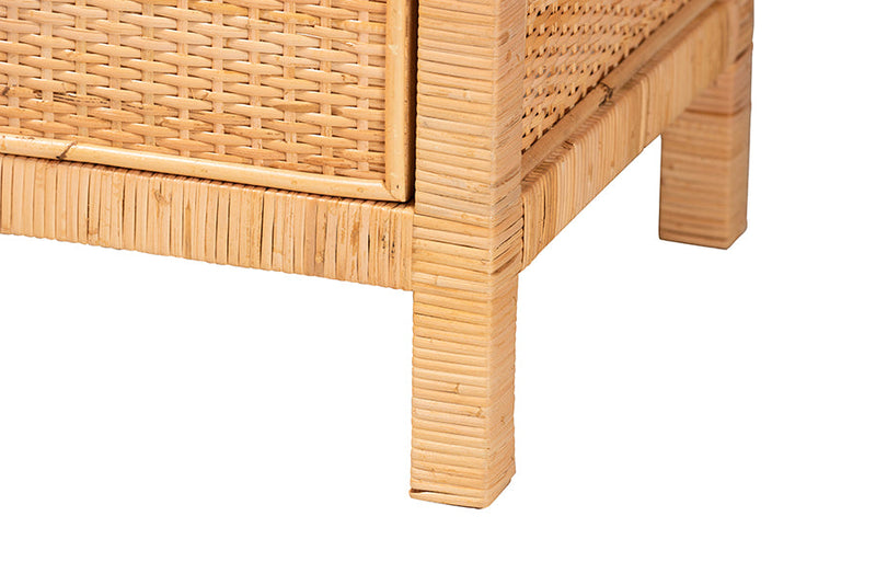 Chevron Natural Brown Rattan and Mahogany Wood Storage Cabinet Baxton