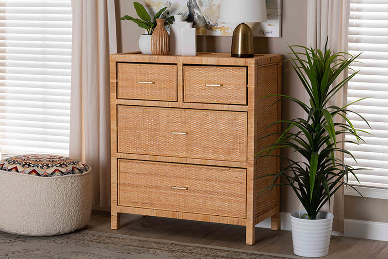 Chevron Natural Brown Rattan and Mahogany Wood Storage Cabinet Baxton