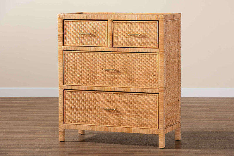 Chevron Natural Brown Rattan and Mahogany Wood Storage Cabinet Baxton