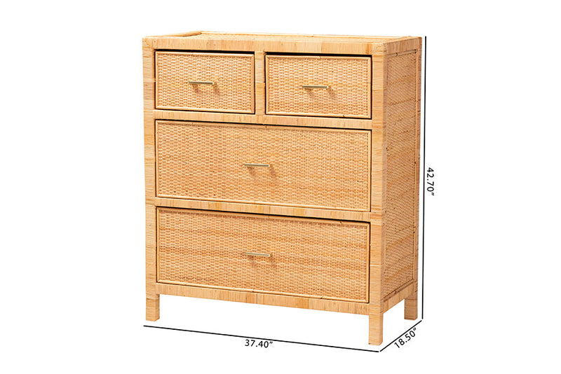 Chevron Natural Brown Rattan and Mahogany Wood Storage Cabinet Baxton
