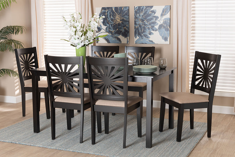 Silas Modern Beige Fabric and Espresso Brown Finished Wood 7-Piece Dining Set