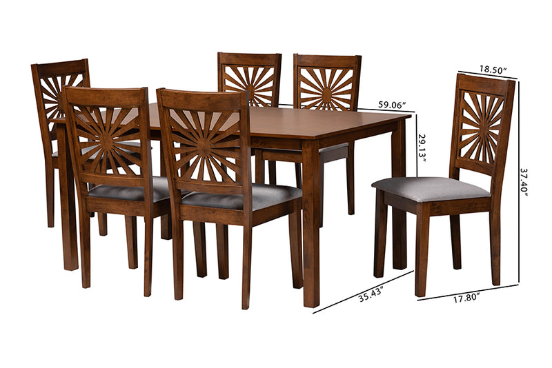 Silas Modern Gray Fabric and Walnut Brown Finished Wood 7-Piece Dining Set