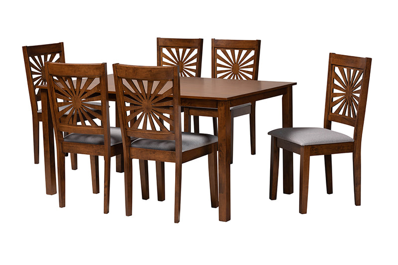 Silas Modern Gray Fabric and Walnut Brown Finished Wood 7-Piece Dining Set