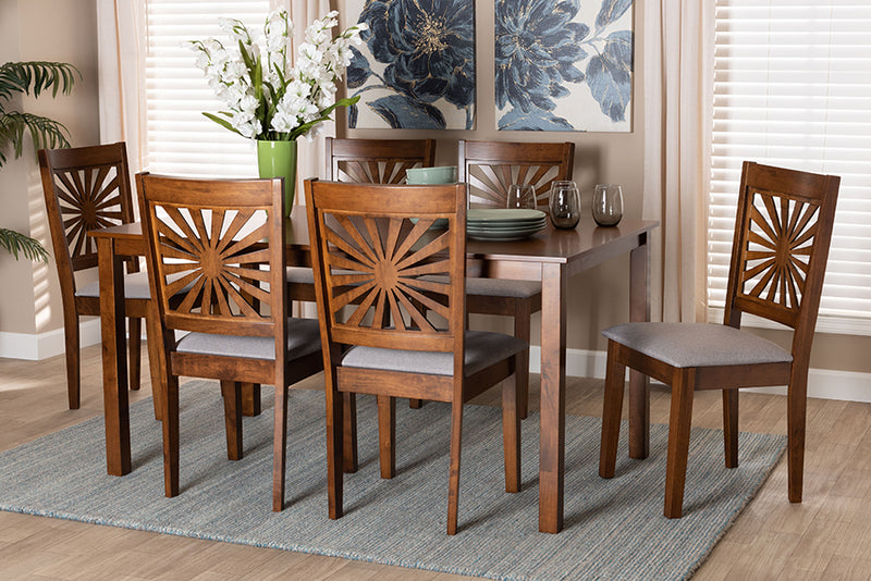 Silas Modern Gray Fabric and Walnut Brown Finished Wood 7-Piece Dining Set