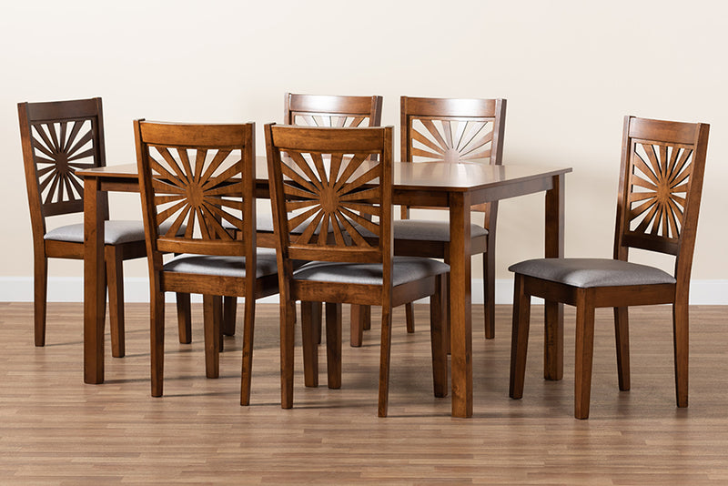 Silas Modern Gray Fabric and Walnut Brown Finished Wood 7-Piece Dining Set