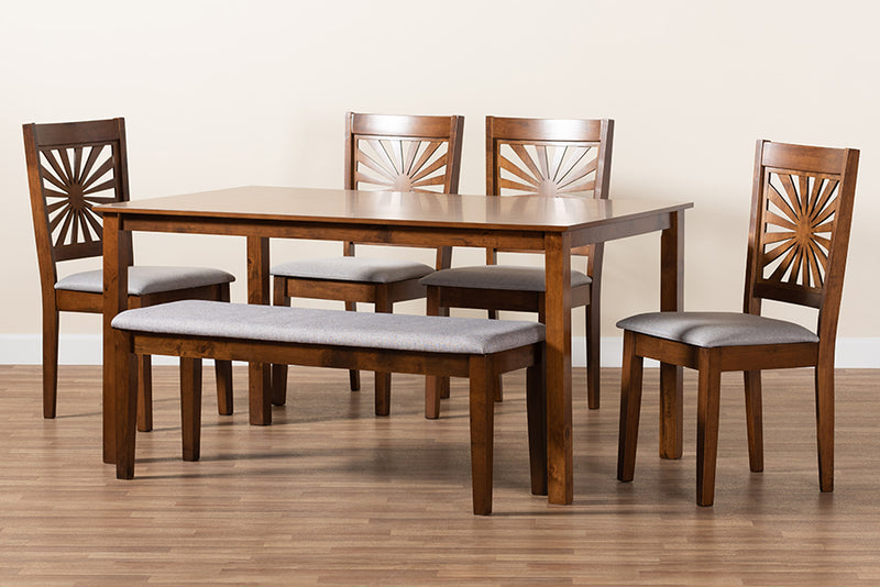 Silas Modern Gray Fabric and Walnut Brown Finished Wood 6-Piece Dining Set