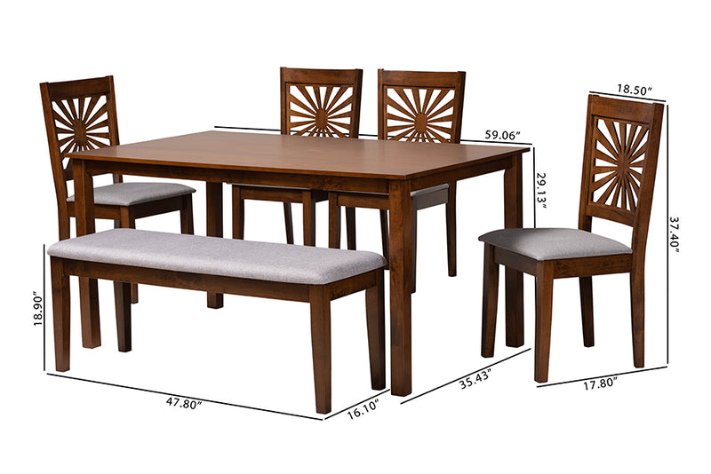 Silas Modern Gray Fabric and Walnut Brown Finished Wood 6-Piece Dining Set