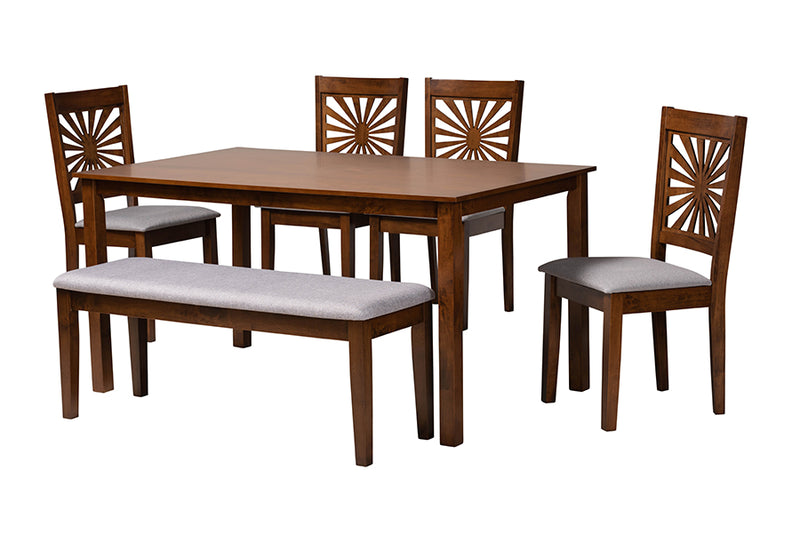 Silas Modern Gray Fabric and Walnut Brown Finished Wood 6-Piece Dining Set