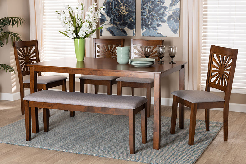 Silas Modern Gray Fabric and Walnut Brown Finished Wood 6-Piece Dining Set