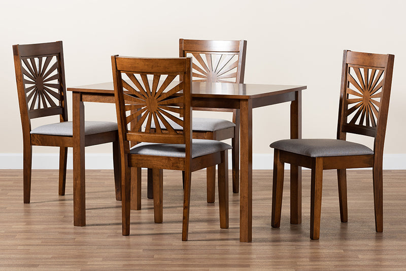 Silas Modern Gray Fabric and Walnut Brown Finished Wood 5-Piece Dining Set