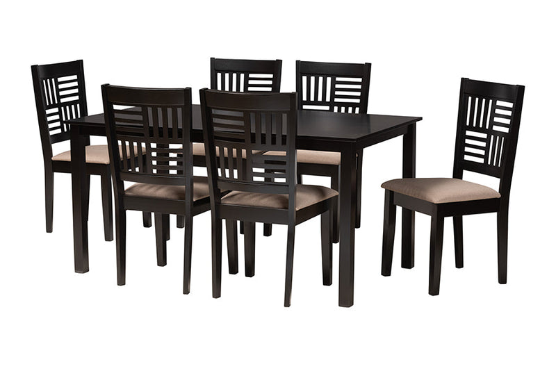 Marin Modern Beige Fabric and Dark Brown 7-Piece Dining Set Baxton