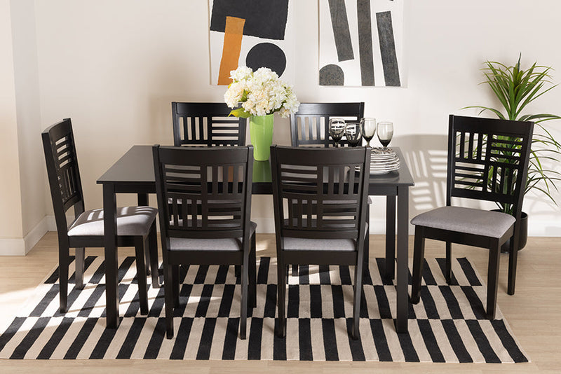 Marin Modern Gray Fabric and Dark Brown 7-Piece Dining Set Baxton