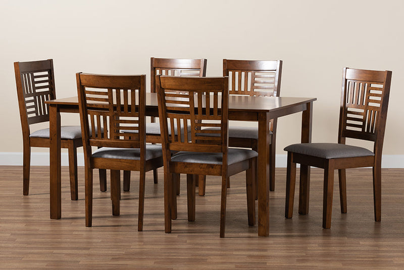 Marin Modern Gray Fabric and Walnut Brown 7-Piece Dining Set Baxton