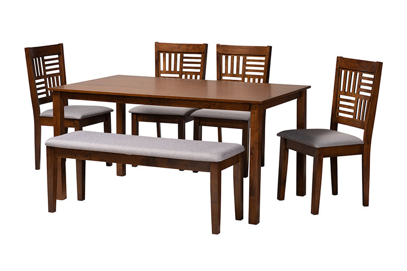 Marin Modern Gray Fabric and Walnut Brown 6-Piece Dining Set Baxton
