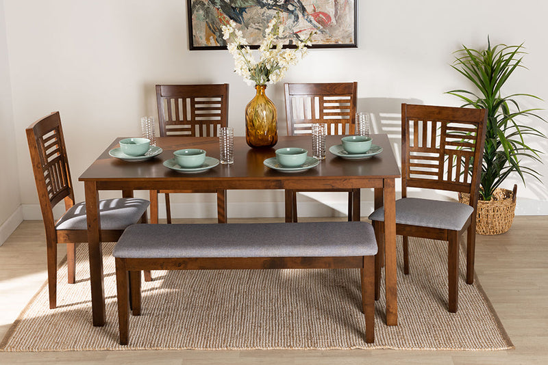 Marin Modern Gray Fabric and Walnut Brown 6-Piece Dining Set Baxton