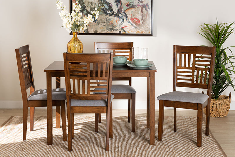 Marin Modern Gray Fabric and Walnut Brown Finished Wood 5-Piece Dining Set