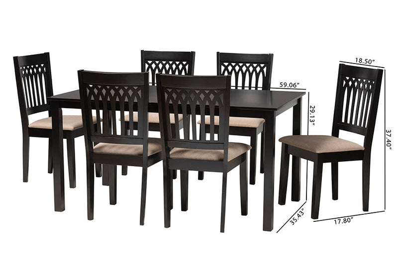 Oteria Modern Beige Fabric and Dark Brown 7-Piece Dining Set Baxton