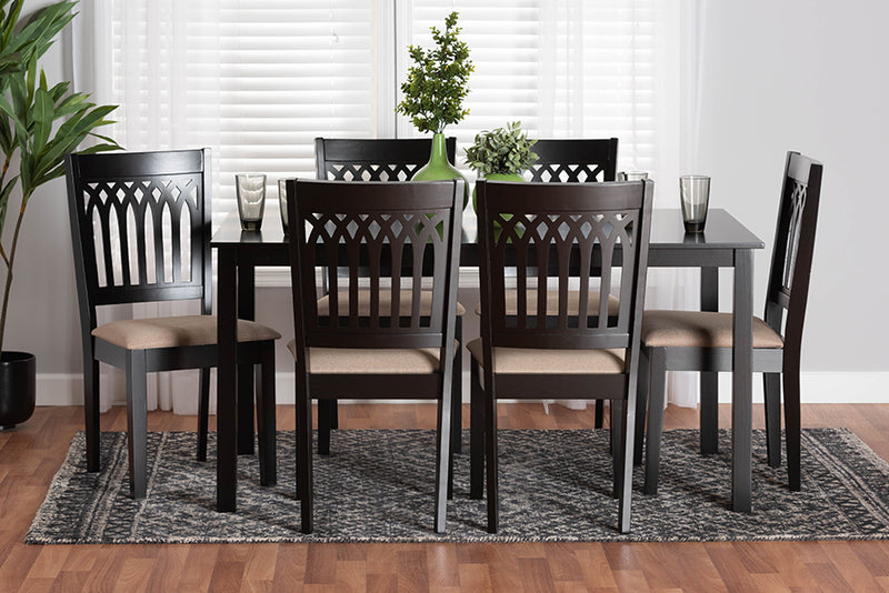 Oteria Modern Beige Fabric and Dark Brown Finished Wood 7-Piece Dining Set