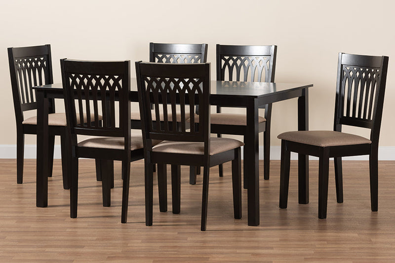Oteria Modern Beige Fabric and Dark Brown 7-Piece Dining Set Baxton