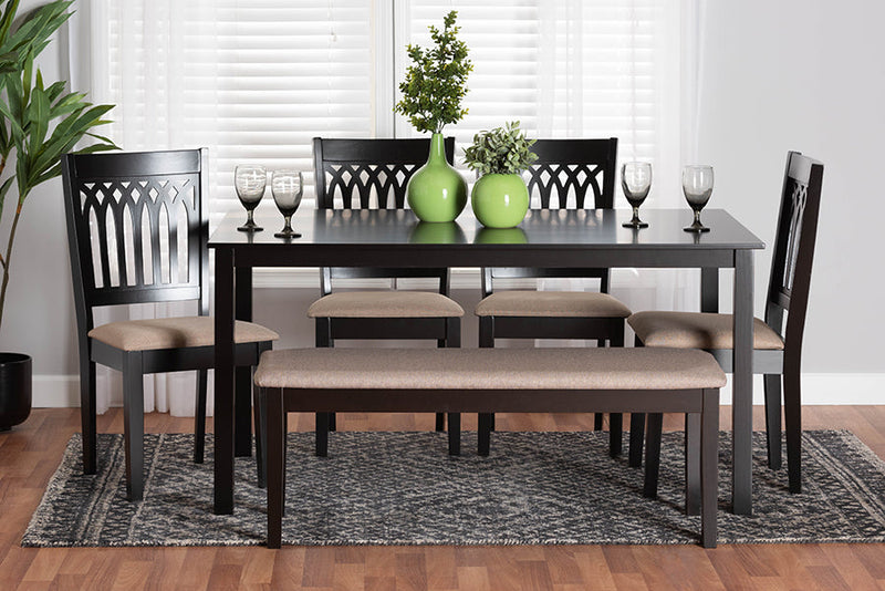 Oteria Modern Beige Fabric and Dark Brown 6-Piece Dining Set Baxton