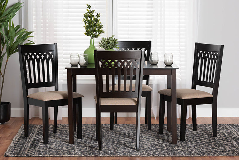 Oteria Modern Beige Fabric and Dark Brown 5-Piece Dining Set Baxton