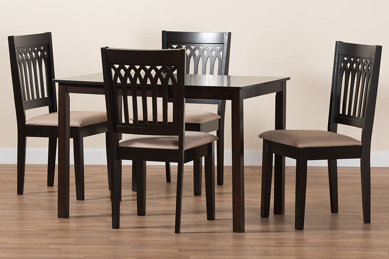 Oteria Modern Beige Fabric and Dark Brown 5-Piece Dining Set Baxton