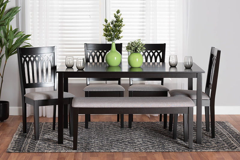 Oteria Modern Gray Fabric and Dark Brown 6-Piece Dining Set Baxton
