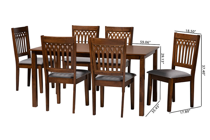 Oteria Modern Gray Fabric and Walnut Brown 7-Piece Dining Set Baxton