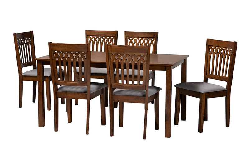 Oteria Modern Gray Fabric and Walnut Brown 7-Piece Dining Set Baxton