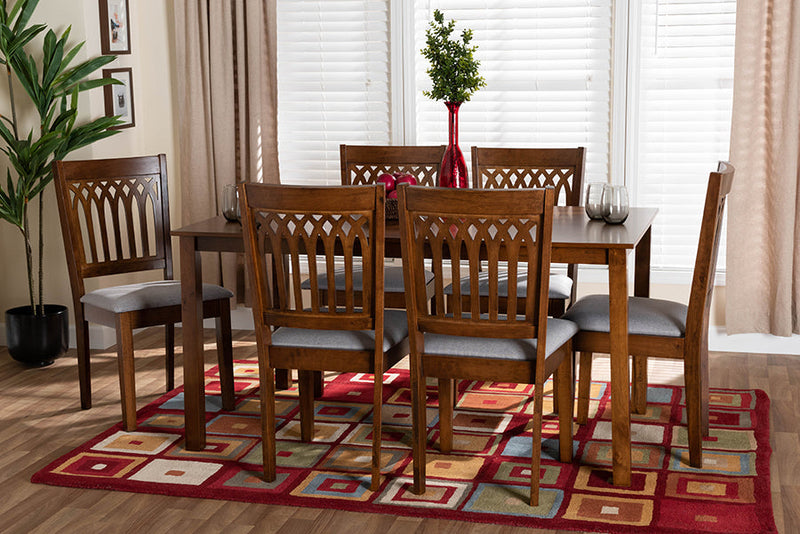 Oteria Modern Gray Fabric and Walnut Brown 7-Piece Dining Set Baxton