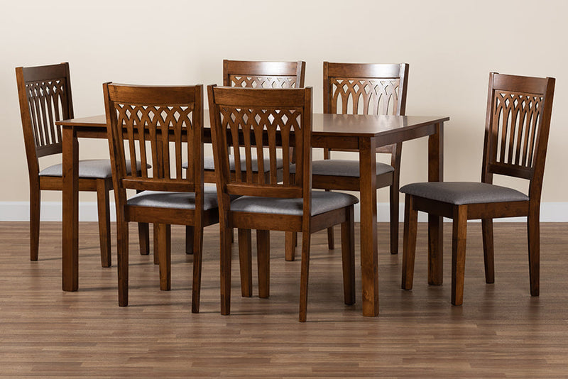 Oteria Modern Gray Fabric and Walnut Brown 7-Piece Dining Set Baxton