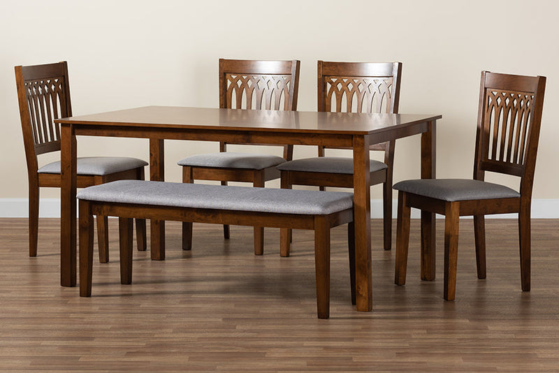 Oteria Modern Gray Fabric and Walnut Brown 6-Piece Dining Set Baxton