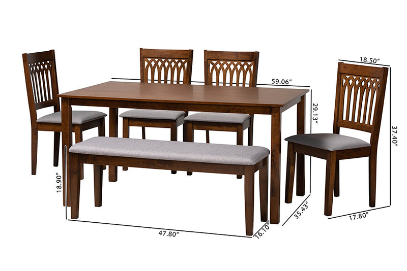 Oteria Modern Gray Fabric and Walnut Brown 6-Piece Dining Set Baxton