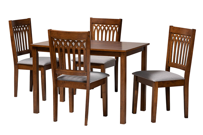 Oteria Modern Gray Fabric and Walnut Brown 5-Piece Dining Set Baxton