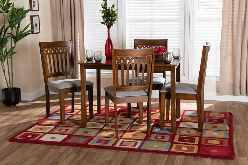 Oteria Modern Gray Fabric and Walnut Brown 5-Piece Dining Set Baxton