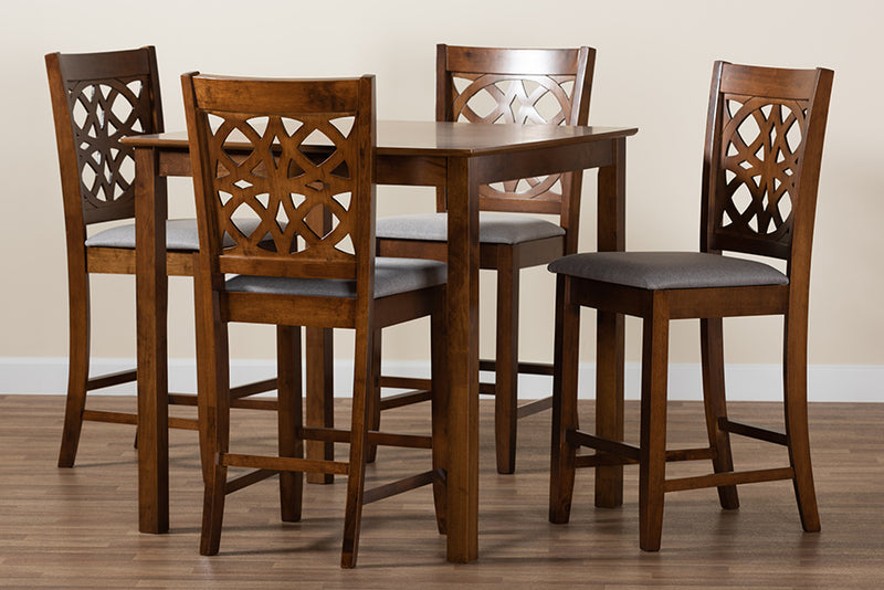 Lucy Modern Gray Fabric and Walnut Brown Finished Wood 5-Piece Pub Set