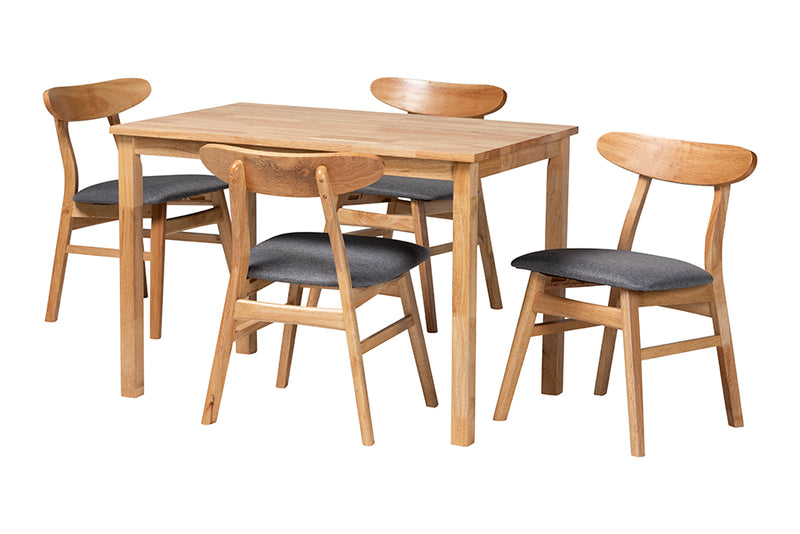 Nariko Mid-Century Gray Fabric and Natural Brown Finished Wood 5-Piece Dining Set