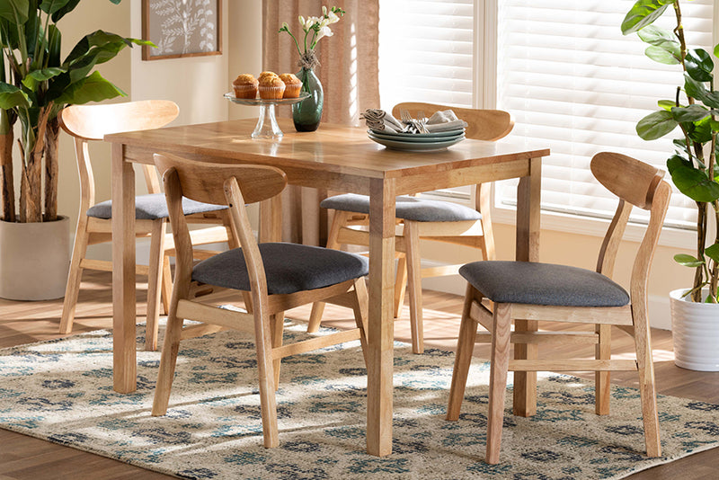 Nariko Mid-Century Gray Fabric and Natural Brown Finished Wood 5-Piece Dining Set