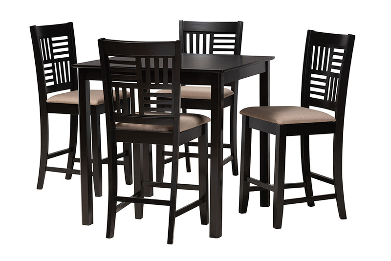 Marin Modern Beige Fabric and Dark Brown Finished Wood 5-Piece Pub Set