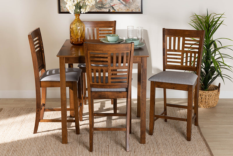 Marin Modern Gray Fabric and Walnut Brown Finished Wood 5-Piece Pub Set