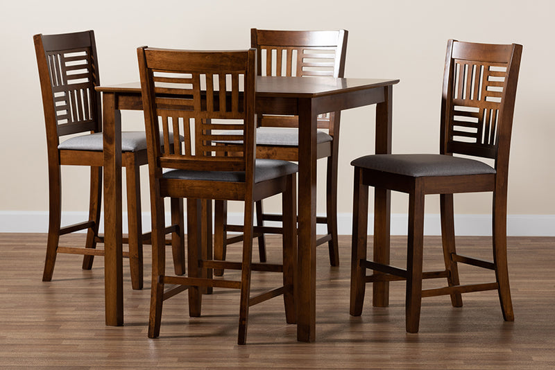 Marin Modern Gray Fabric and Walnut Brown Finished Wood 5-Piece Pub Set